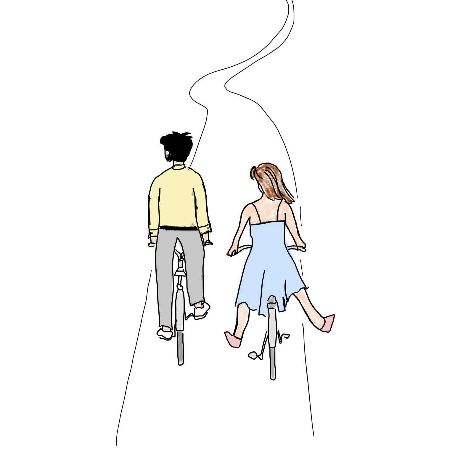 Ilustrace snoubenců na kolech